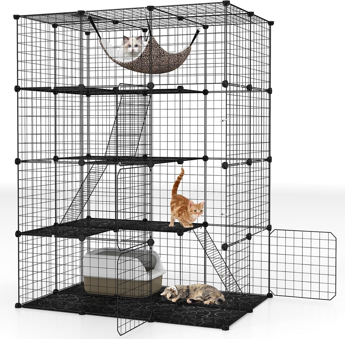 Kattenkooi - Grote Kattenren met 4 Verdiepingen - Kattenverblijf Binnen - 142 cm Hoog - Kattenkennel met Hangmat & 3 Ladders - Draadkooi voor Katten met 4 Deuren & Dakraam - Afneembare Grote Kattenkooi - 110x74x142 cm - Zwart