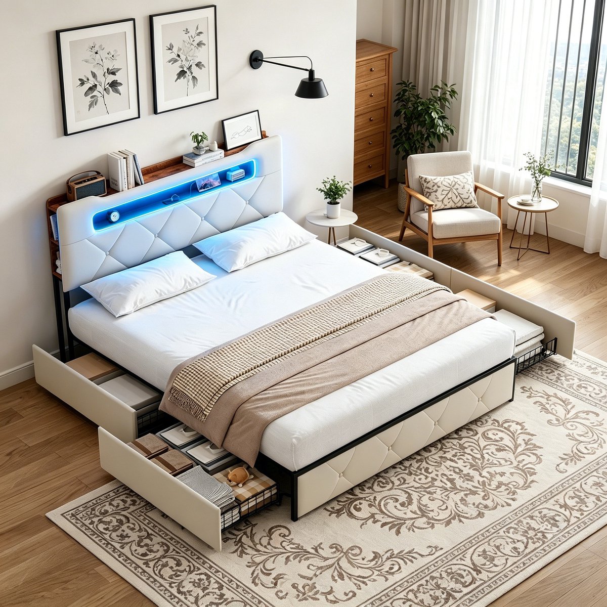 MEXUS Gestoffeerd Tweepersoonsbed 140x190 cm - met 4 lades - bed met LEDverlichting en USB-poort, opbergruimte en lattenbodem, fluweel, Beige