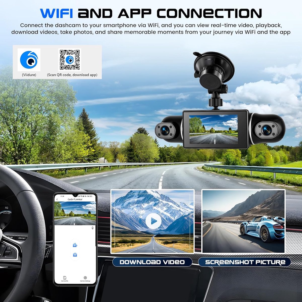 Mini Dashcam - Auto Camera - Rit Opnemen - 4 Lens 1080P - 3 Inch Scherm - Zwart – foto 6