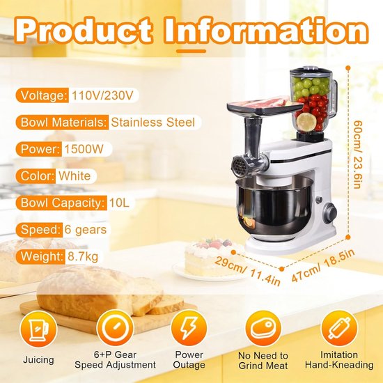 Keukenrobot - Keukenmachine mixer - Bakken en koken - 3-in-1 multifunctioneel - 10L kom - Wit — afbeelding 4