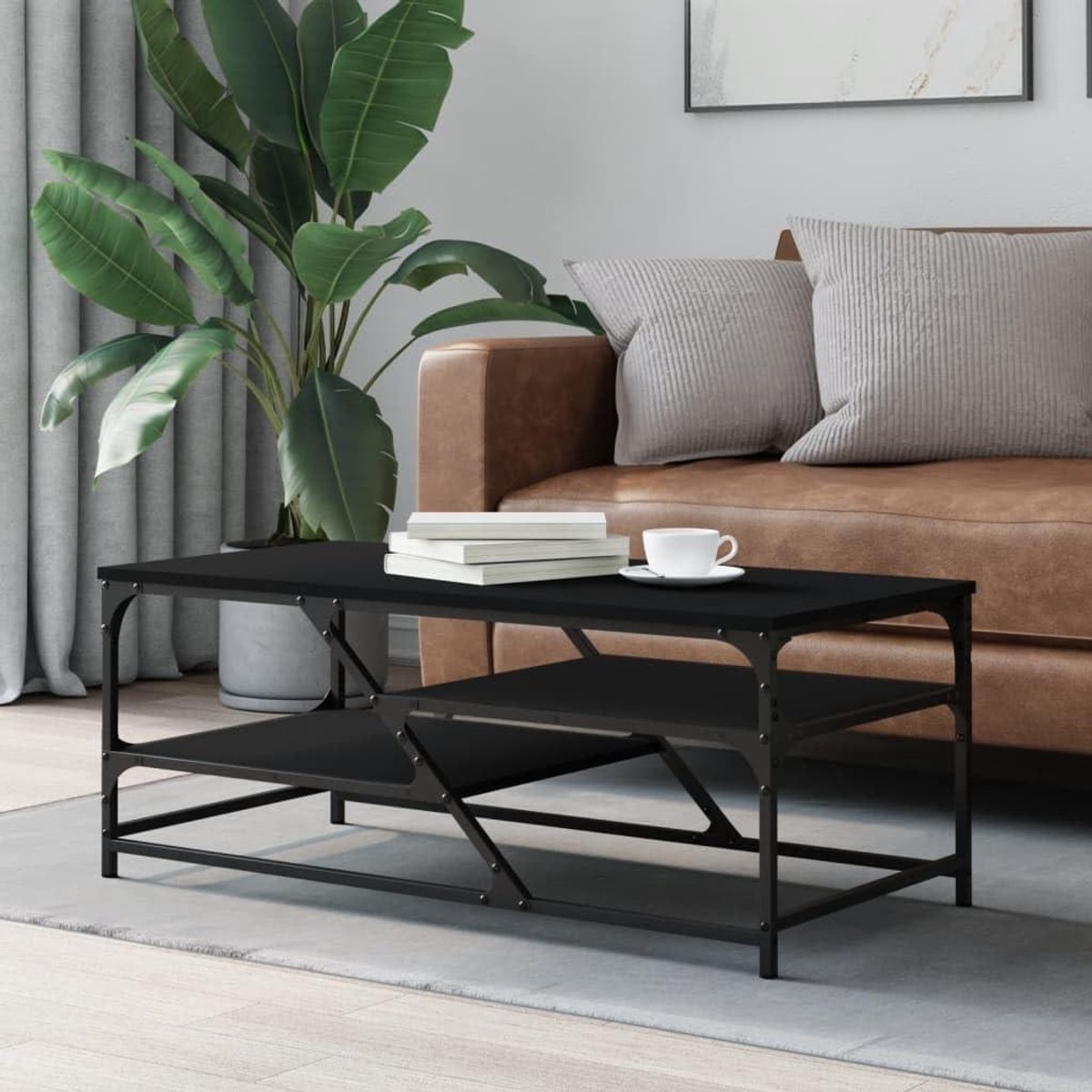 Salontafel Hout Metaal - Bijzettafel Woonkamer - Woonkamer Decoratie - Glad Tafelblad - 100 x 49 x 40 cm - Zwart