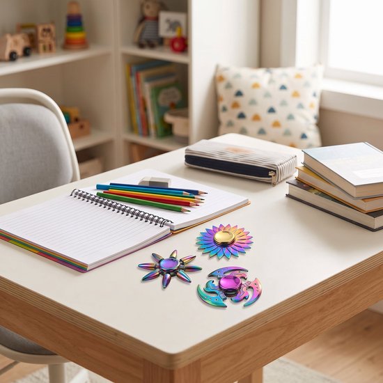 Drie kleurrijke fidget spinners met regenboogkleuren op een kinderbureau, naast schoolspullen. Een bloem, een kompas en een ster.