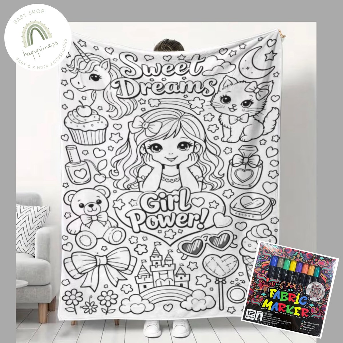 Fleece deken girls - meisje power - DIY XXL Kleurdeken – Fleece deken om zelf in te kleuren - DIY fleece girl power - met textielstiften - cadeau tip