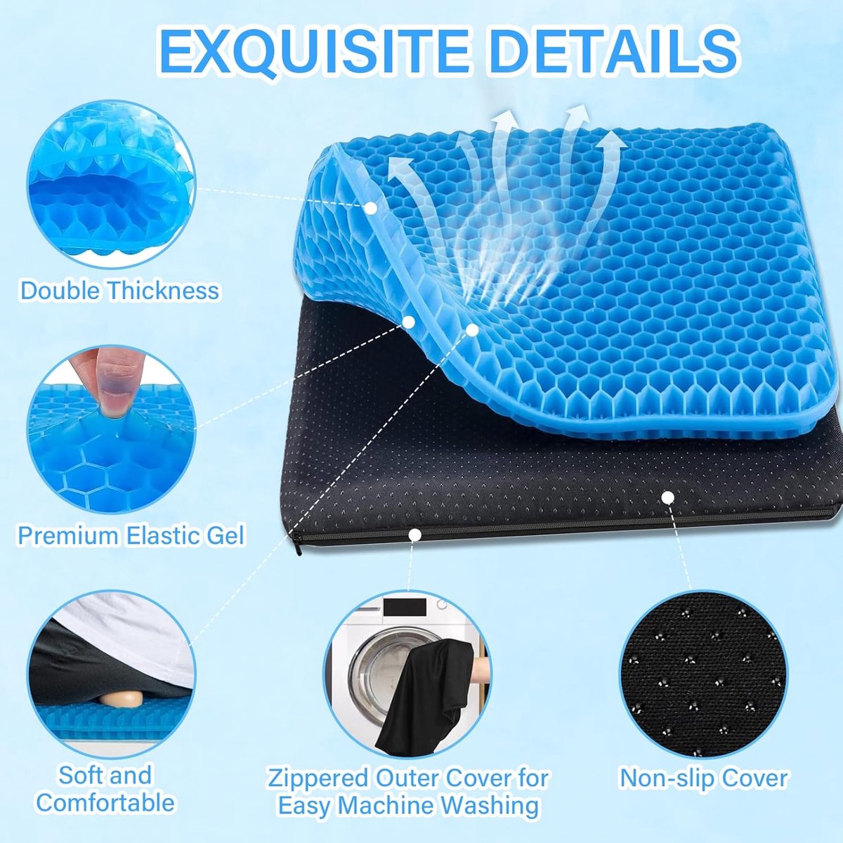 Gel Seat - ZitKussen Orthopedisch - Met Antisliphoes - Verkoelende Gel - Ergonomisch - Gelkussen - Drukverlangende Gel Zitkussen - Stuitkussen - Honingraatvorm - Ventilerend - Thuiswerken - Voor Rolstoel, Auto, Kajak En Bureaustoel - Blauw – foto 6