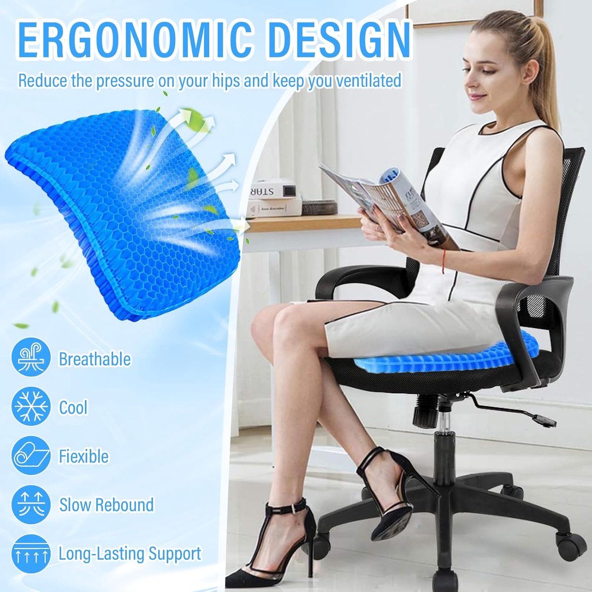 Gel Seat - ZitKussen Orthopedisch - Met Antisliphoes - Verkoelende Gel - Ergonomisch - Gelkussen - Drukverlangende Gel Zitkussen - Stuitkussen - Honingraatvorm - Ventilerend - Thuiswerken - Voor Rolstoel, Auto, Kajak En Bureaustoel - Blauw – foto 4