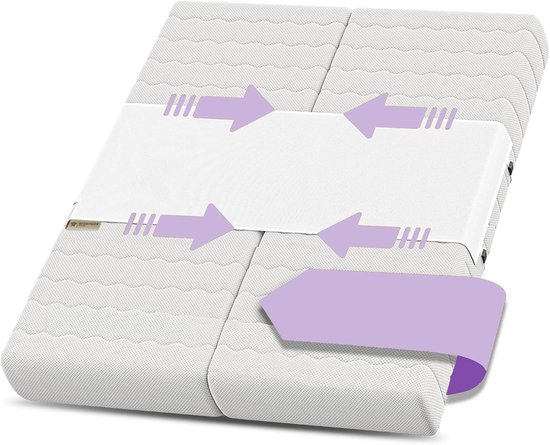 Twee witte matrassen verbonden met een witte band, met paarse pijlen die de band aangeven die de matrassen samenbrengt.