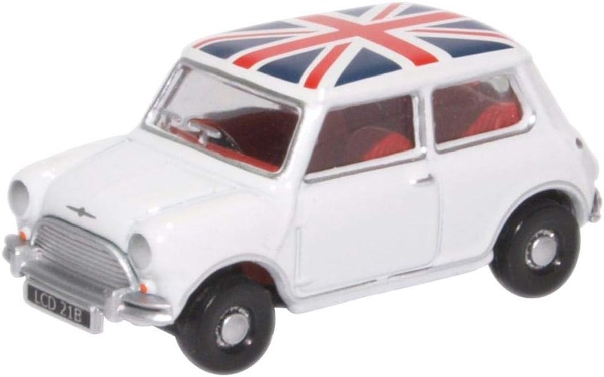 Mini Cooper Modelauto Wit met Union Jack Vlag Schaal 1:76