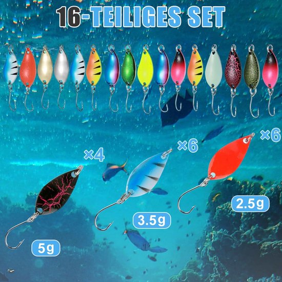 16 stuks mini vislepels set met houder - forel aas, carbide spinner voor baars, zalm en forel — afbeelding 4