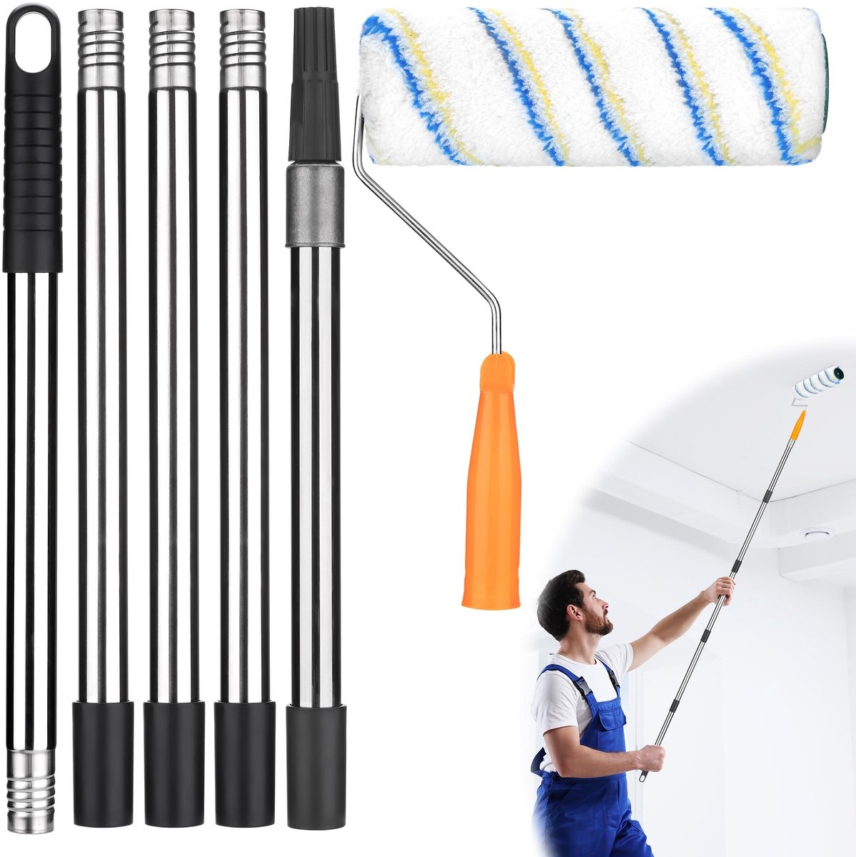MTTproducts- Verfroller Uitschuifbaar 200 cm - Roestvrijstalen Paal - 5 Stuks - Multifunctioneel Schildergereedschap - Telescopische Stok - Fijne Borstelharen