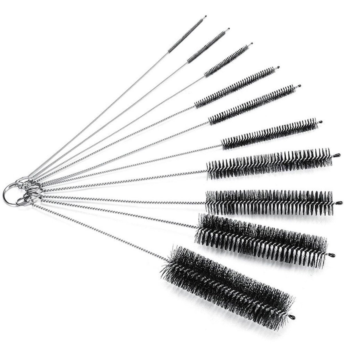 MTTproducts- Reinigingsborstels Set van 10 - Nylon Reinigingsborstels - Voor Koffiemachine/Flessen - Diverse Diameters - Totale Lengte 20 cm - Voor Smalle Gaten - Schoonmaakborstels