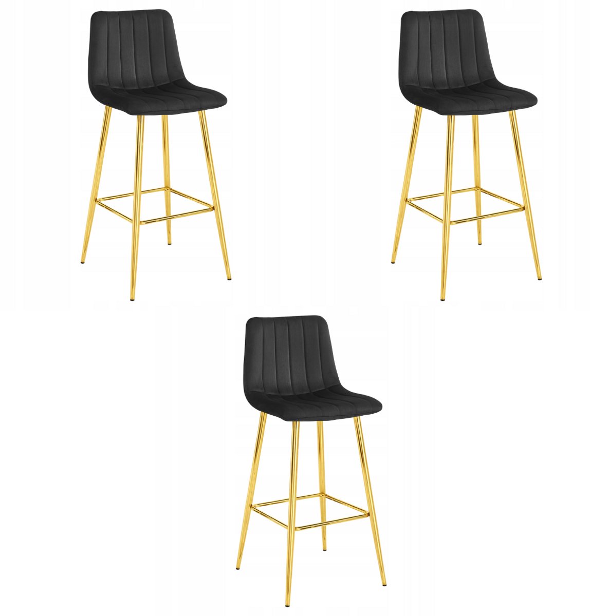 LEOBERT Set van 3 Barkrukken POZZA - Zwart Fluweel - Gouden Metalen Poten - Moderne Barkruk met Rugleuning Zwart/Goud