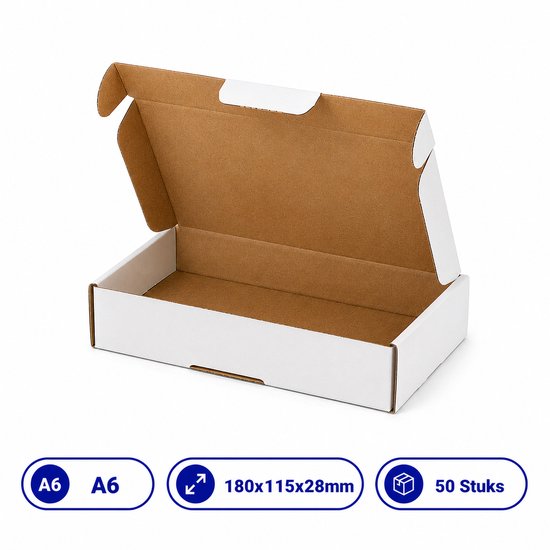 Witte brievenbusdoos A6, 180x115x28mm, 50 stuks.
