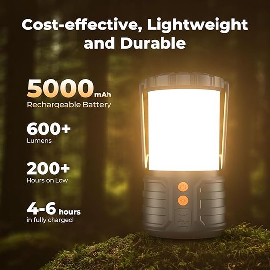 2 Pack Camping Lantaarn - LED Campinglantaarns - 5000mAh Oplaadbare Batterij - Noodverlichting voor Stroomuitval - 3 Lichtkleuren - IPX4 Waterdicht - Draagbare Zaklamp en Tentlamp voor Kamperen en Thuis — afbeelding 3