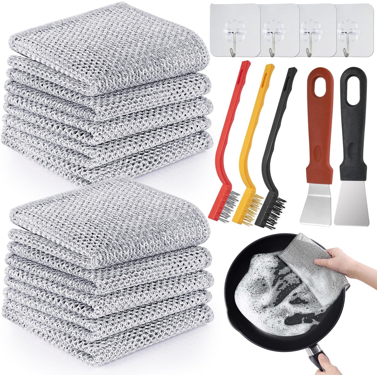 Cosensi- Vaatdoek 12 Stuks - Herbruikbare Schuurdoeken - Draad Vaatdoeken - Keukenaccessoires - Inclusief Haken/Borstels - 20x20 cm - Afwasdoek