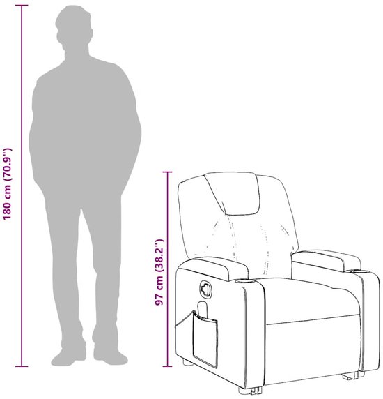 Zwart massagefauteuil van kunstleer, hoogte 97 cm, met demonstratie van 180 cm lange persoon.