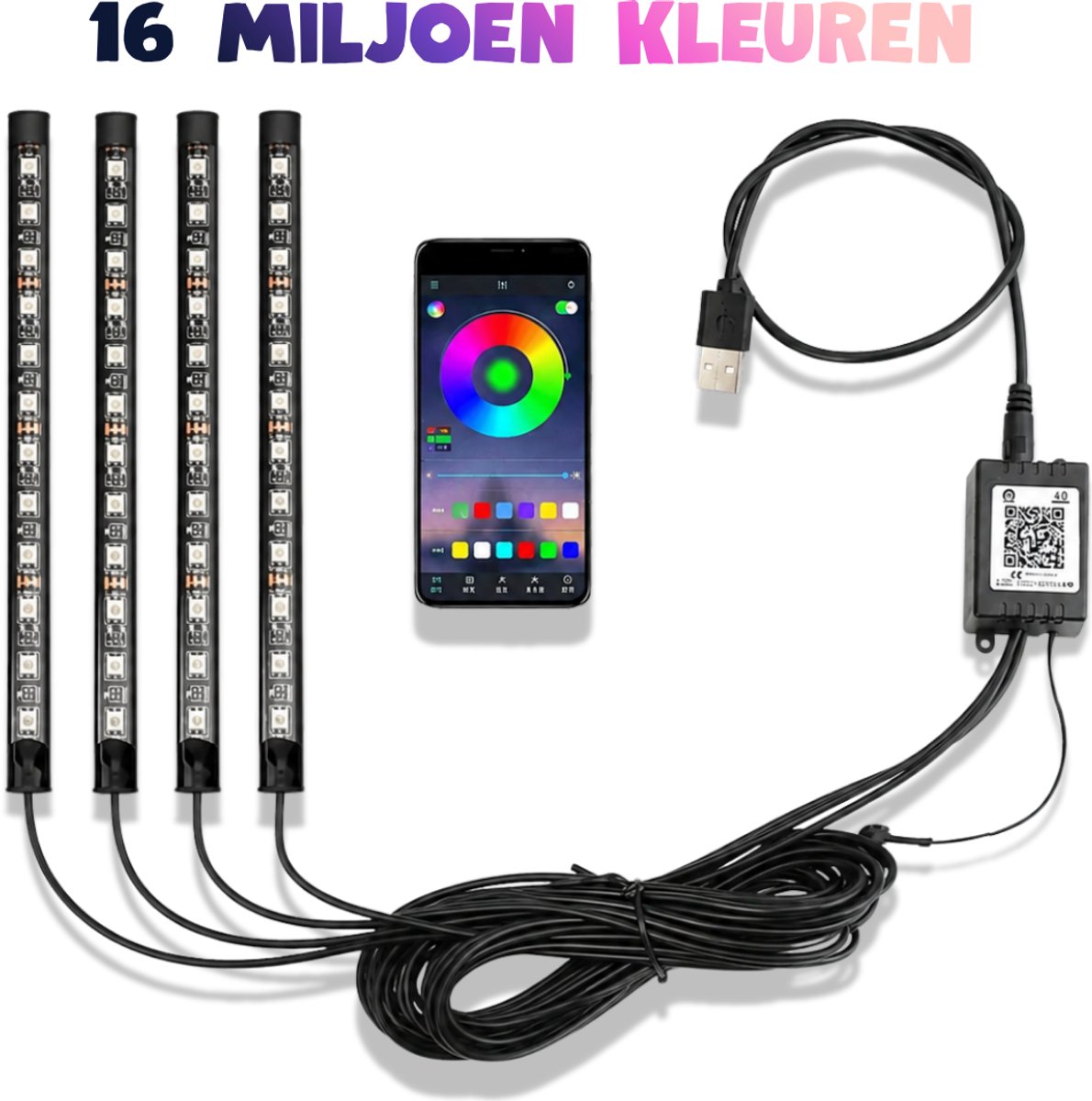 Almotivo Auto Interieur Verlichting RGB LED - LED Strip Auto met App Bediening - Sfeerverlichting Auto - 16 Miljoen Kleuren - USB Auto LED Verlichting - 4 LED Lichtbalken