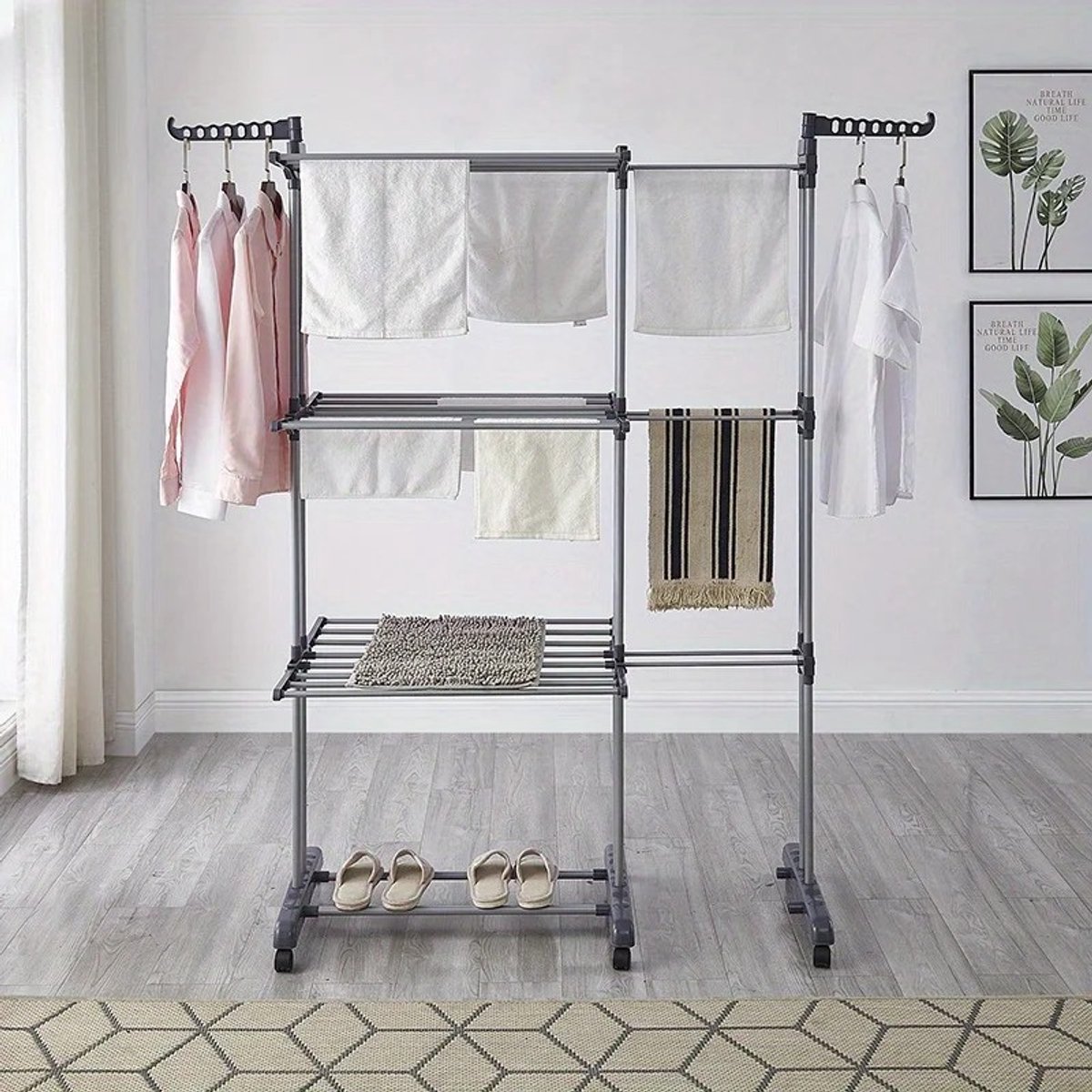 Dailygoods Kledingrek Opvouwbaar droogrek 4-laags met wielen Groot wasrek voor gebruik binnen en buiten