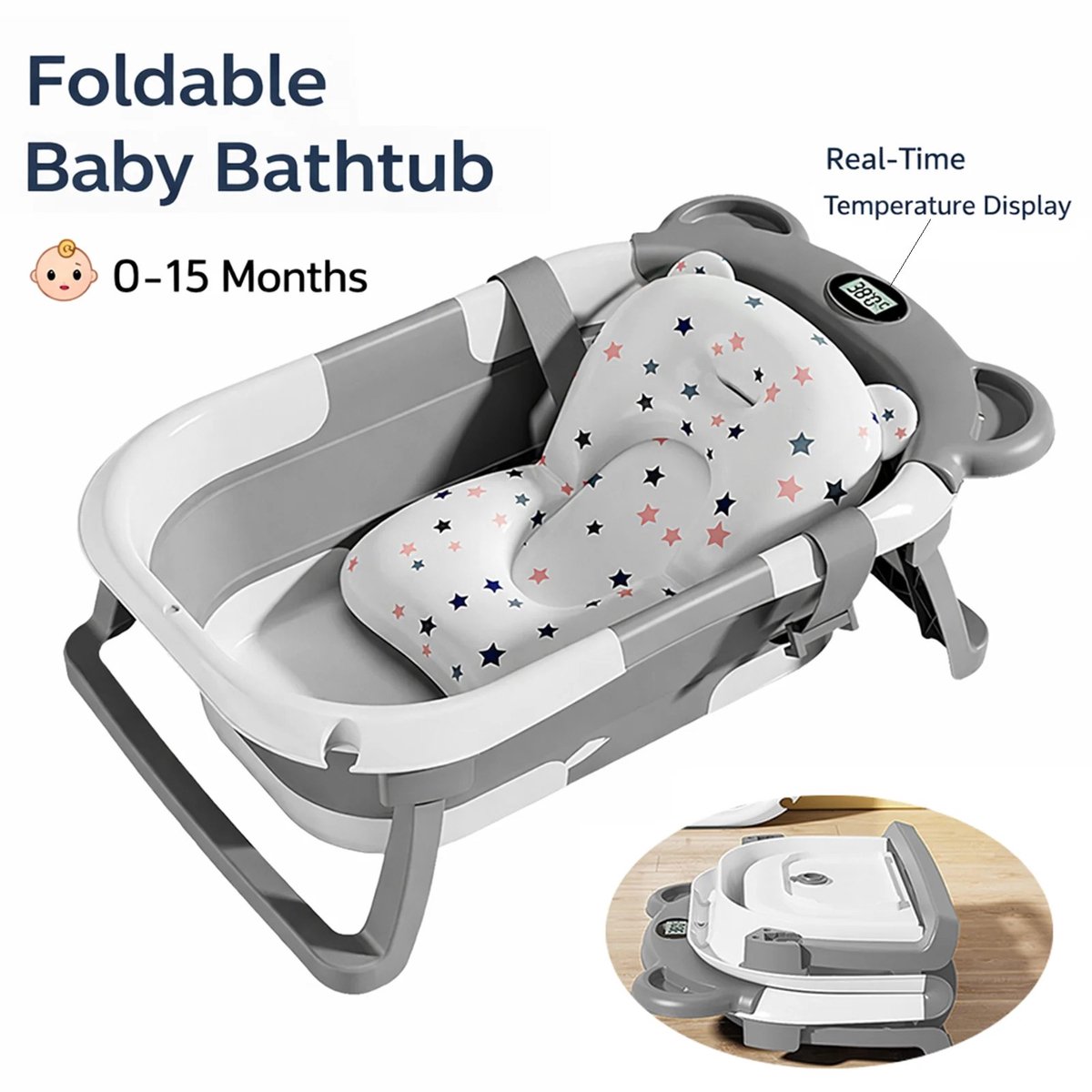 Dailygoods Opvouwbaar babybadje met thermometer Antislip badmat Kussenondersteuning Draagbaar pasgeboren douchebadje voo