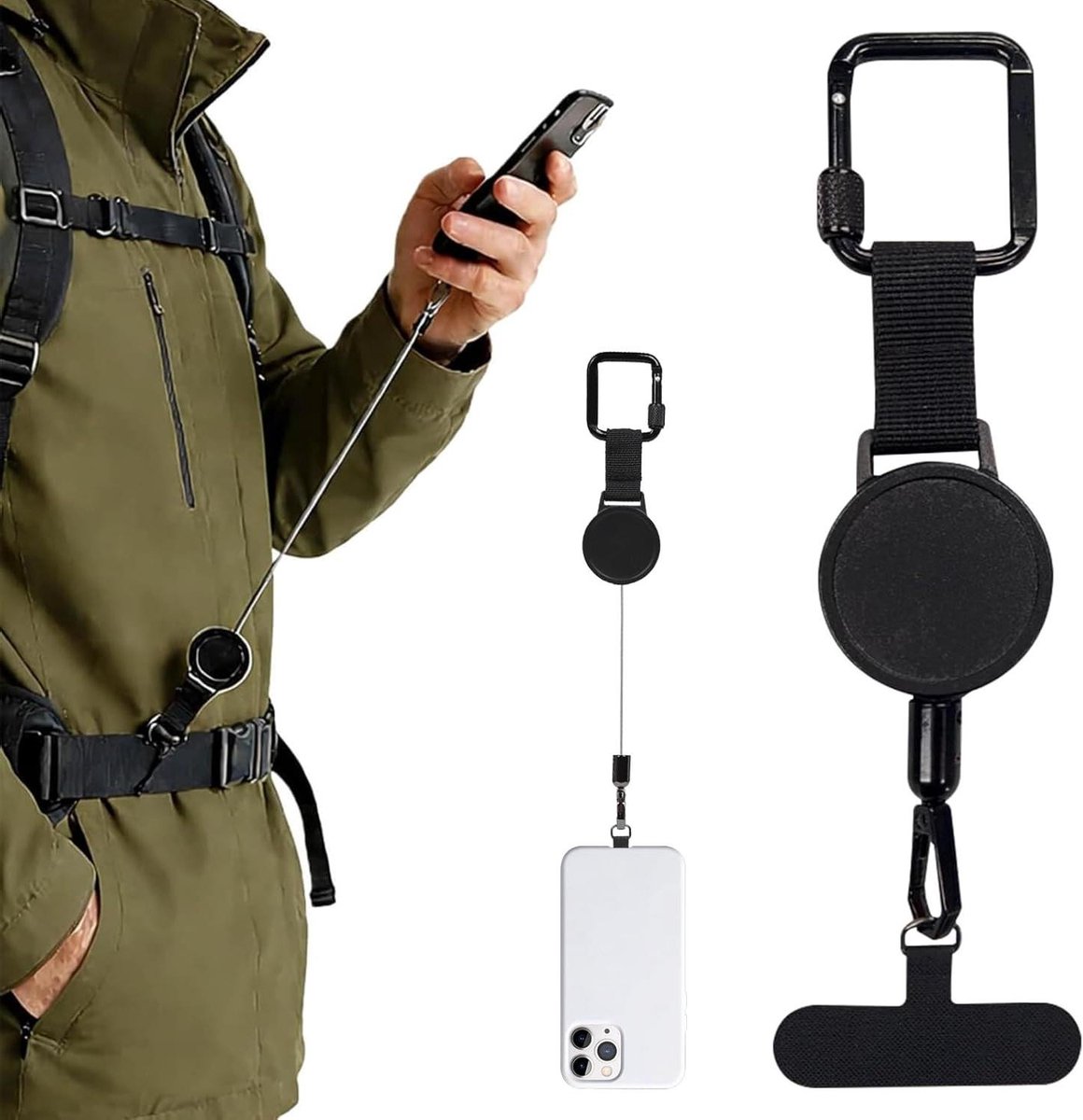 Intrekbare telefoonband met diefstalbeveiliging en metalen haak en 360° metalen houder voor outdooractiviteiten zoals wandelen, klimmen en vissen, zwart