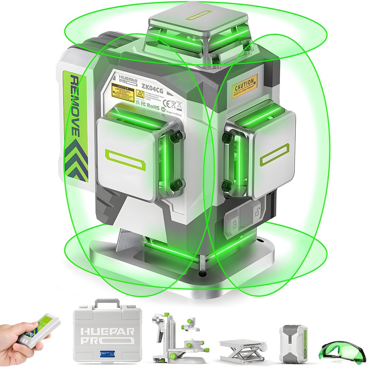 Huepar Pro 4D Kruislijnlaser 4×360° Zelfnivellerend – 16 Lijnen – Afneembare 8000mAh Accu – Groene Bouwlaser met Verstelbare Magneethouder & Afstandsbediening – IP54 – ZK04CG