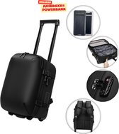Zwarte rugzak-trolley, uitgeschoven, met close-ups van een gesp, de zijkant met een slot, en de achterkant met schouderbanden. Ook een zonnepaneel powerbank.