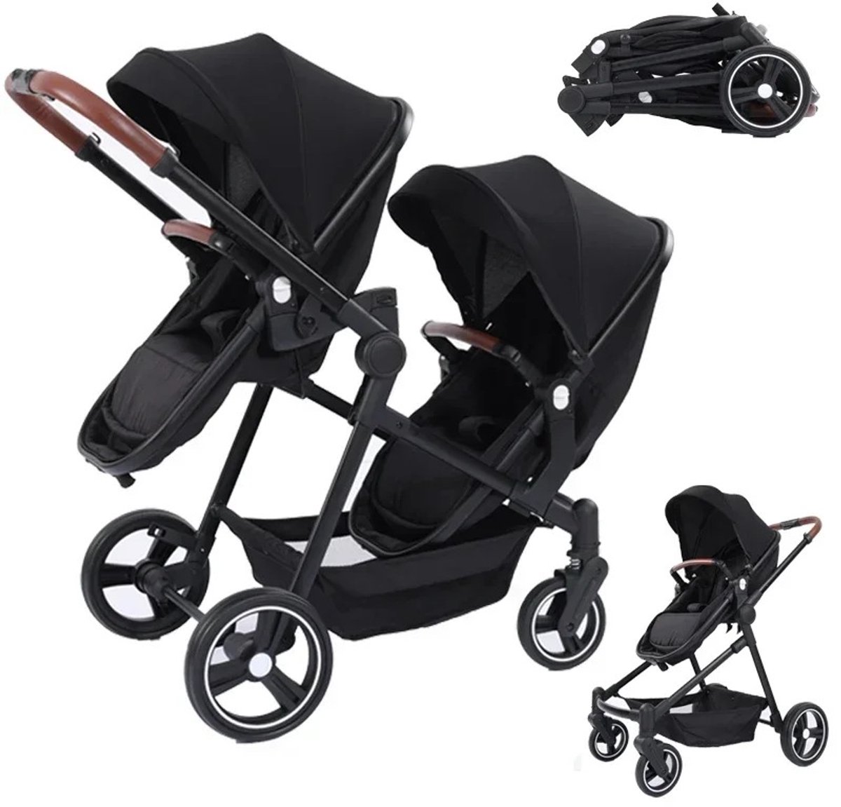 Velmio Tweeling buggy - Duo kinderwagen - Dubbele kinderwagen - Incl. 2 Omvormbare Zitjes & Reiswiegjes - Schokabsorberend - Duo Buggy - Verstelbaar - Zwart