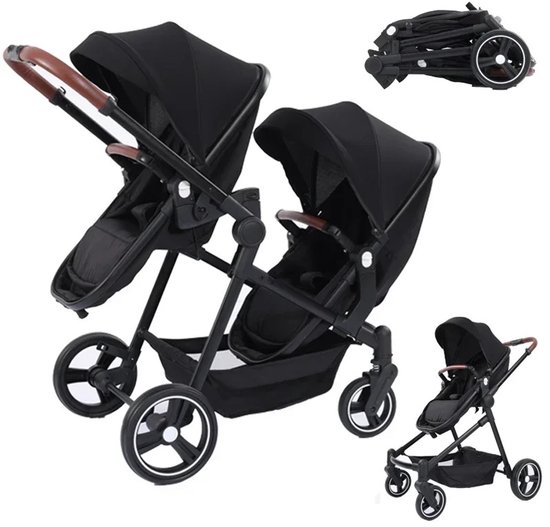 Velmio Tweeling buggy - Duo kinderwagen - Dubbele kinderwagen - Incl. 2 Omvormbare Zitjes & Reiswiegjes - Schokabsorberend - Duo Buggy - Verstelbaar - Zwart