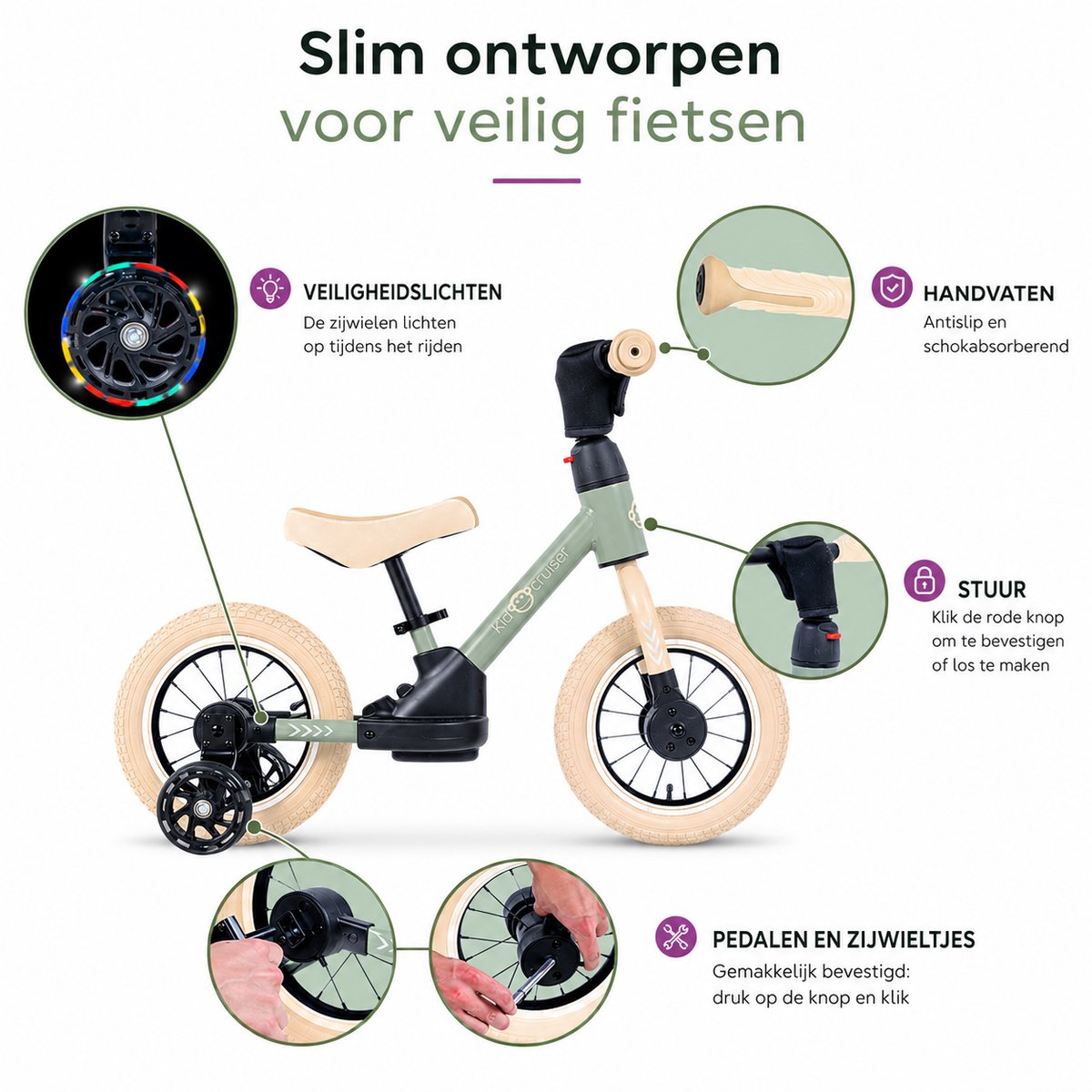 Kidcruiser Loopfiets 2+ jaar - Optioneel met LED Zijwieltjes & Trappers - 3-in-1 Kinderfiets - 12 inch – Zacht Groen & Creme wit – Modulair Design — afbeelding 10