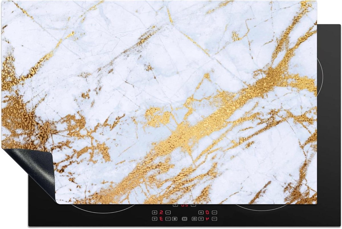 KitchenYeah© Inductie Beschermer 80x52 cm Keuken Decoratie Kookplaat Beschermer voor Inductiekookplaat Afdekplaat Anti Slip Mat - Marmer - Goud - Wit - Luxe - Marmerlook - Glitter
