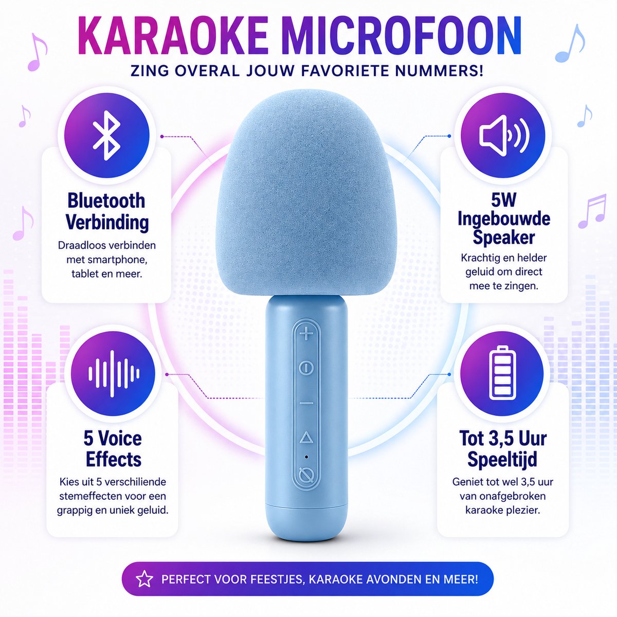 Bluetooth 5.3 karaoke microfoon met 5W speaker, 5 voice effects en tot 3,5 uur speeltijd.