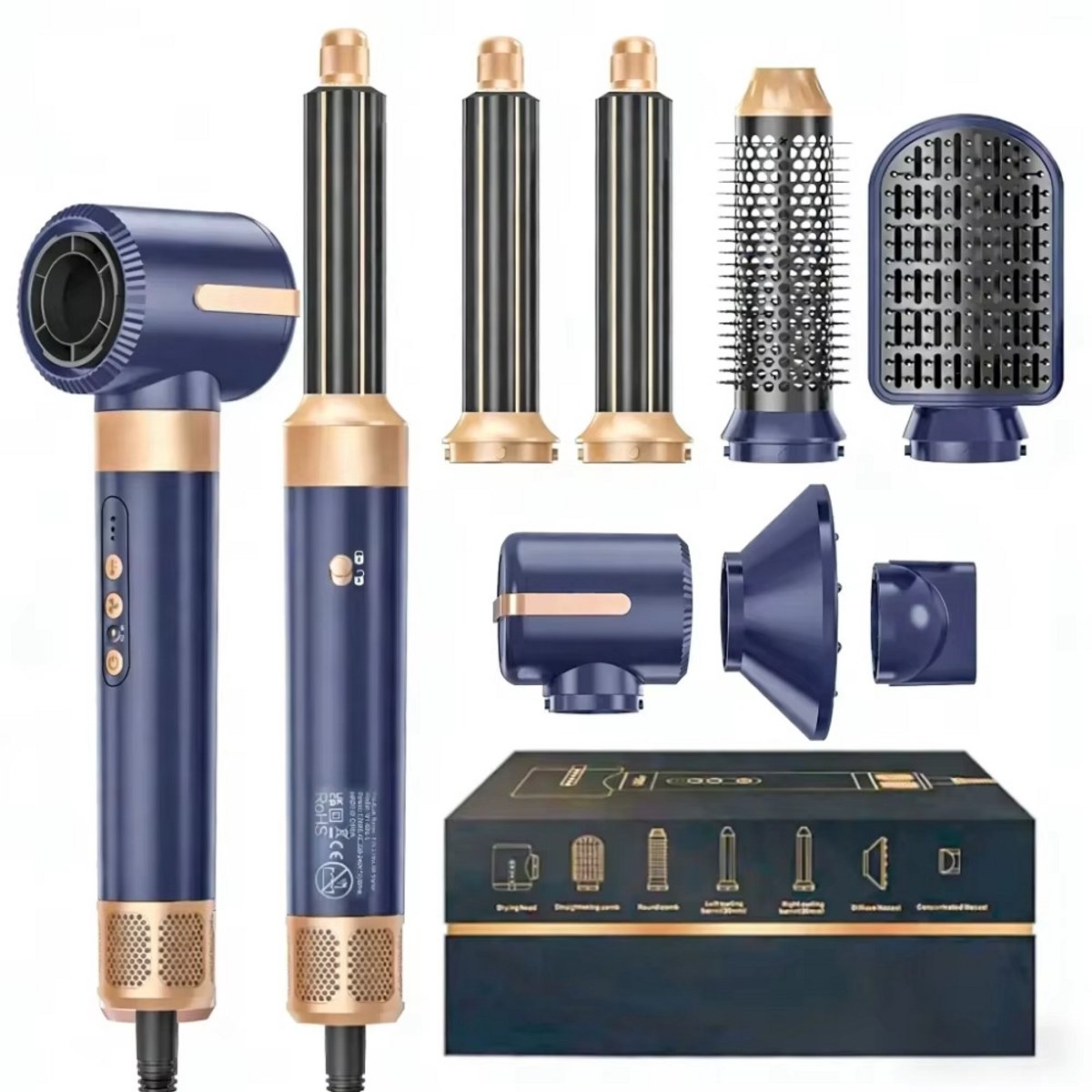 JOYNEXTBUY - 7-in-1 Heteluchtborstel & Föhn - Airwrap - Airstyler - Ionische Hogesnelheid - Multifunctionele Haarstyler - Blauw