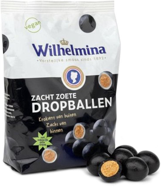 Zak Wilhelmina Zacht Zoete Dropballen, vegan. Krokant van buiten, zacht van binnen.