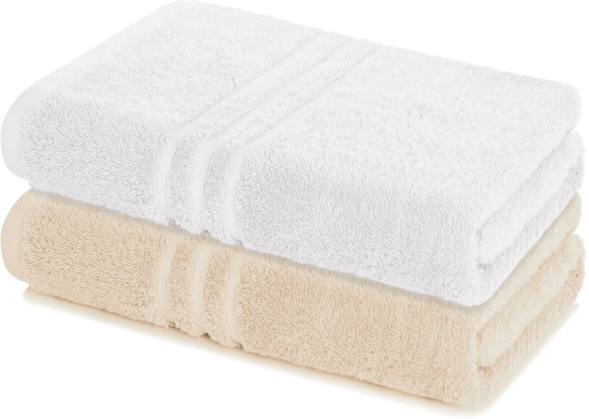 Lavea® Set van 2 handdoeken 80x200 cm, 100% Katoen – Grote badhanddoeken, saunahanddoeken, badlaken, strandlaken – Wit en Crème