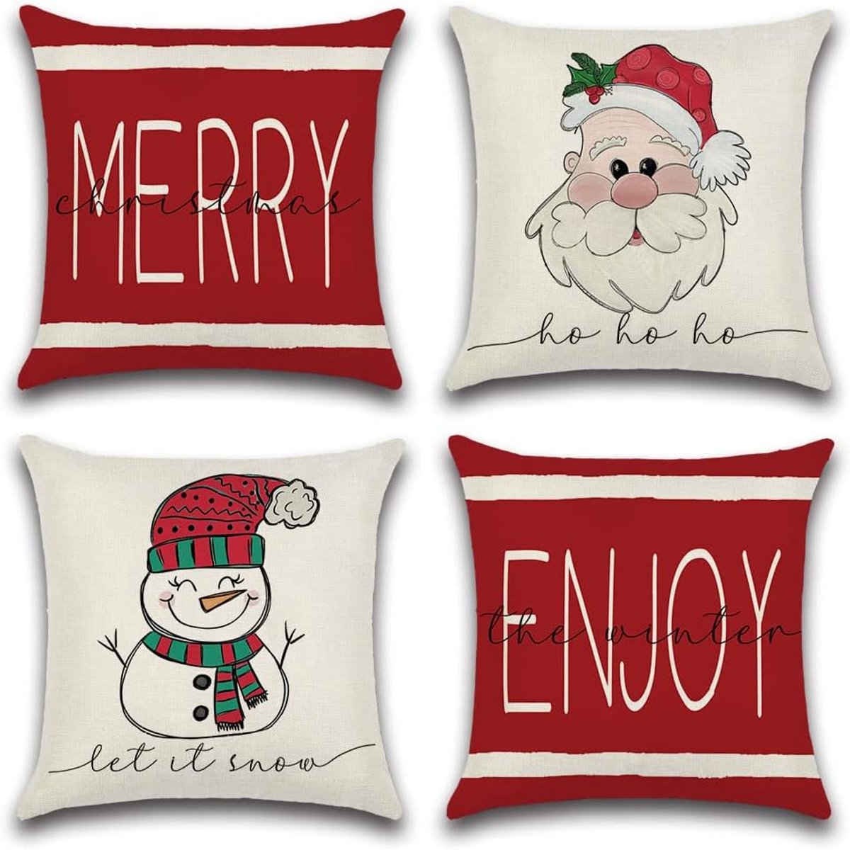 Set van 4 Kerst Kussenslopen 50x50 cm - Sierkussens Bank met Kerstman en Sneeuwpop