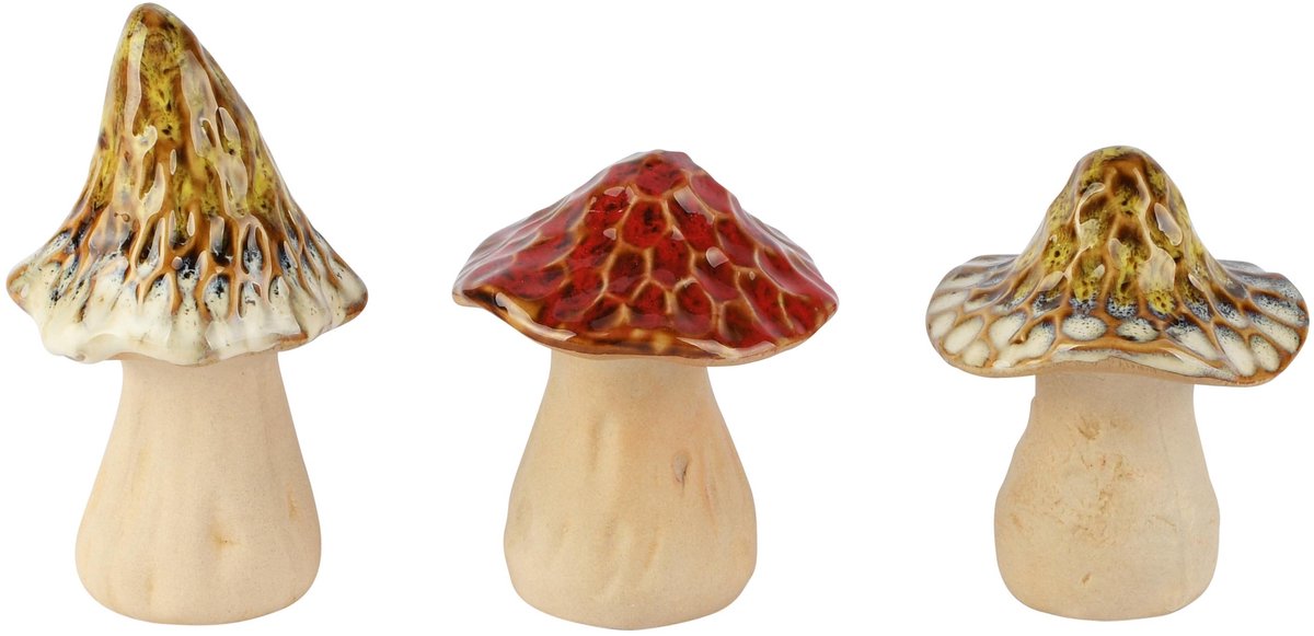 Dekoratief | Paddenstoel, groen/rood/cr?me, keramiek, 6x6x11cm, set van 3 stuks | A265818