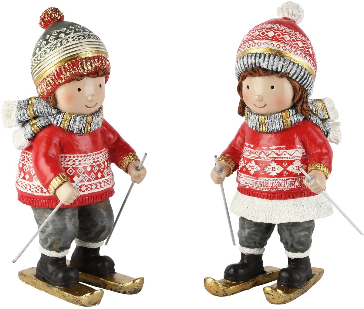 Dekoratief | Winterkindje op ski's, rood/goud, resina, 10x9x19cm, set van 2 stuks | A265886