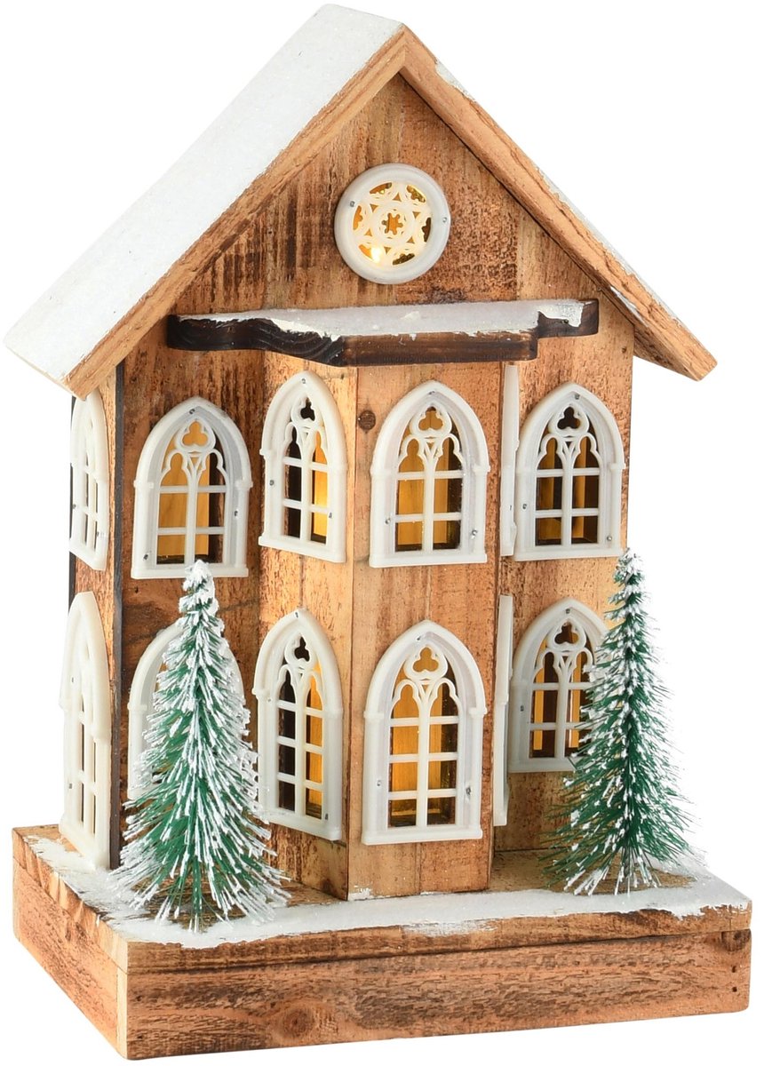 Dekoratief | Deco huis m/boompje, naturel/wit, hout, LED, 23x15x32cm | A265300