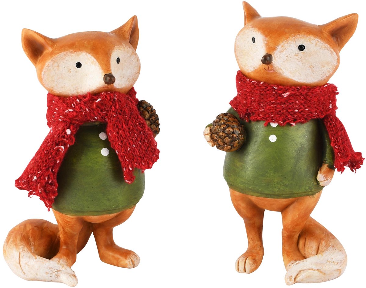 Dekoratief | Vosje m/sjaal, rood/groen/bruin, resina, 8x6x14cm, set van 2 stuks | A265117