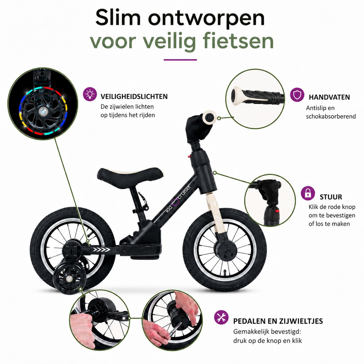 Kidcruiser Loopfiets 2+ jaar - Met LED Zijwieltjes & Trappers - 3-in-1 Kinderfiets - 12 inch – Mat Zwart – Modulair Design — afbeelding 7