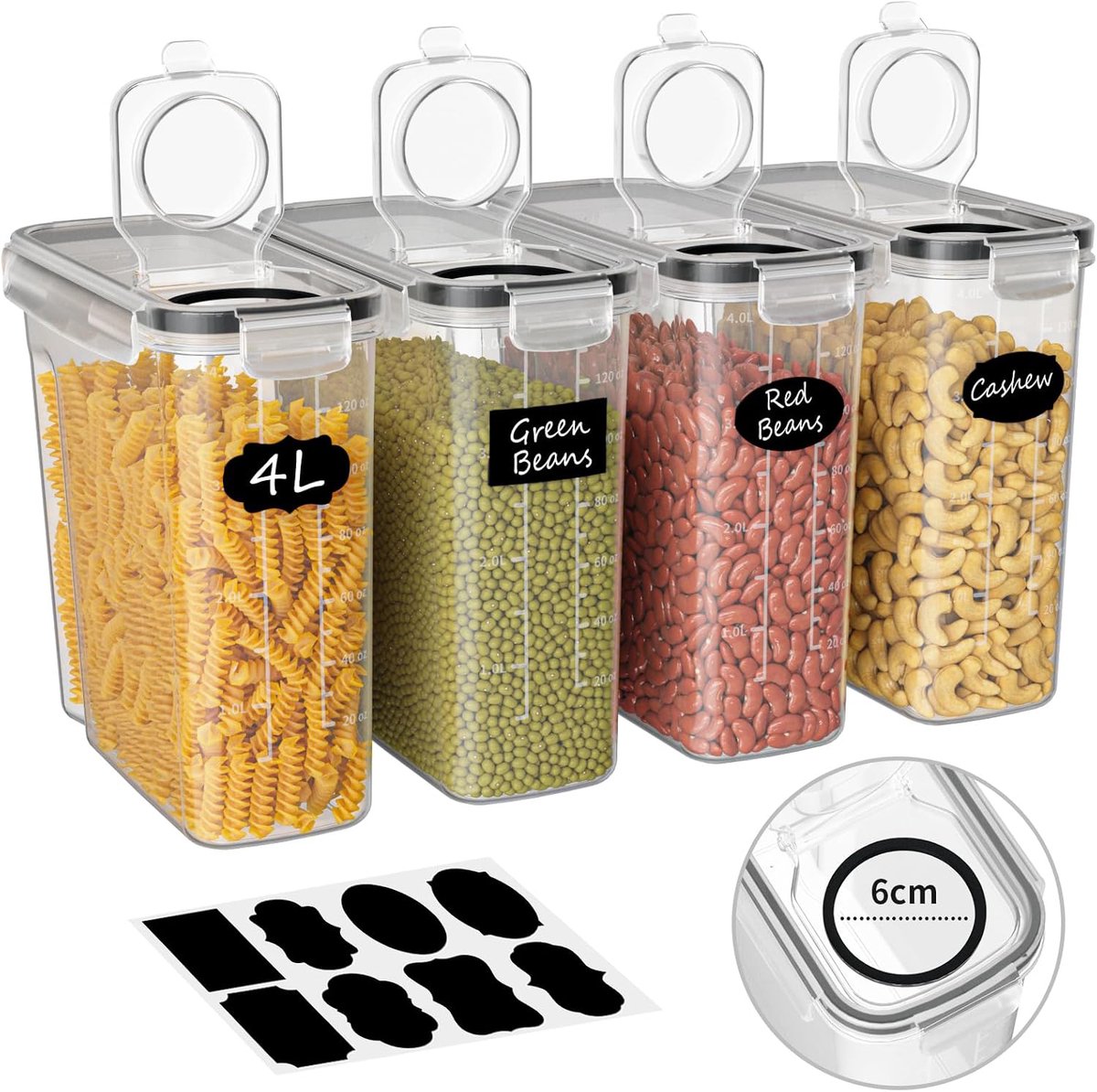 4L Opbergdozen voor keuken - Voorraaddozen - luchtdicht - en van kunststof - met verzegeld deksel - voor het bewaren van Pasta, Muesli, Rijst, Meel, het voeden van Huisdieren - 4 stuks