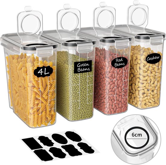 Boîtes de conservation de 4 L pour la cuisine - Boîtes de rangement - hermétiques - en plastique - avec couvercle scellé - pour conserver les pâtes, le muesli, le riz, la farine, les aliments pour animaux - 4 pièces