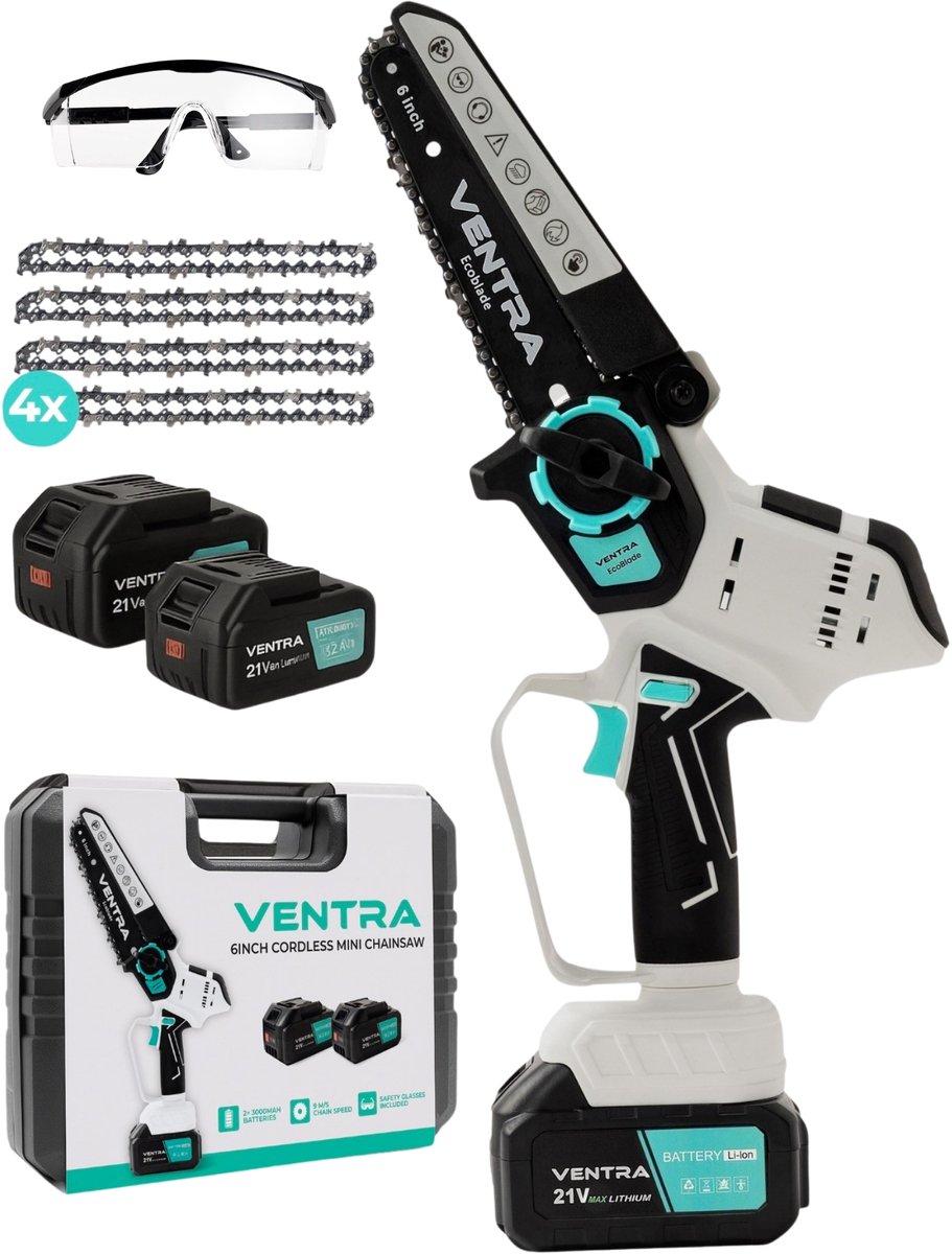VENTRA® - Mini Kettingzaag - Heggenschaar 21V Accu - Handkettingzaag - Snoeizaag - Takkenzaag - 3000mAh - Inclusief 2 Accu's en 4 Kettingen en Veiligheidsbril