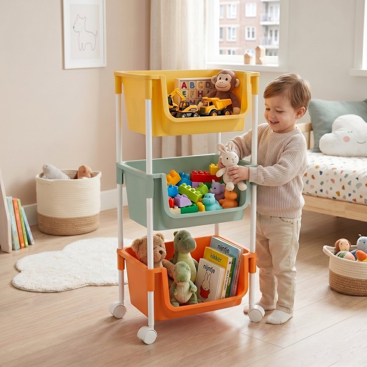 INDECOR 3 Laags Speelgoed Opberger met Wielen – Kinder Speelgoed Opbergkast & Organizer – Kunststof Opbergrek – 360° Verrijdbaar – Kinderkamer, Badkamer & Keuken – Pastel