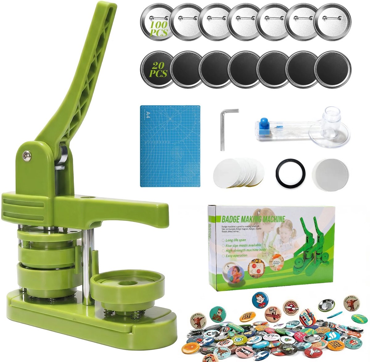 Knopmaker Machine 58 mm – Button Maker Set met 100 Badge Onderdelen, 20 Magneet Onderdelen, Ronde Snijder en Snijmat