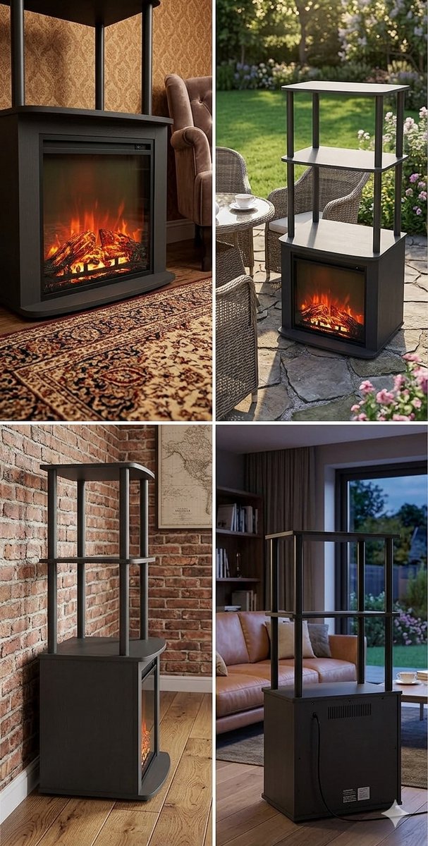 Bijzettafel met Decoratieve Elektrische Haard 2-Laags – 29,8 x 47,4 x 102,7 cm – Smalle Vrijstaande Sierhaard met Open Planken en Vlameffect – Americano/Zwart – Woonkamer en Slaapkamer – Mobili Bella