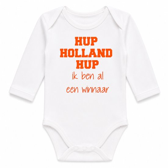 Baby Rompertje tekst  Mijn eerste WK EK - Oranje baby voetbal Nederlands elftal |  hup holland hup  ik ben al een winnaar | lange mouw | wit oranje | maat 50-56 Nederland supporter shirt  nederlands elftal