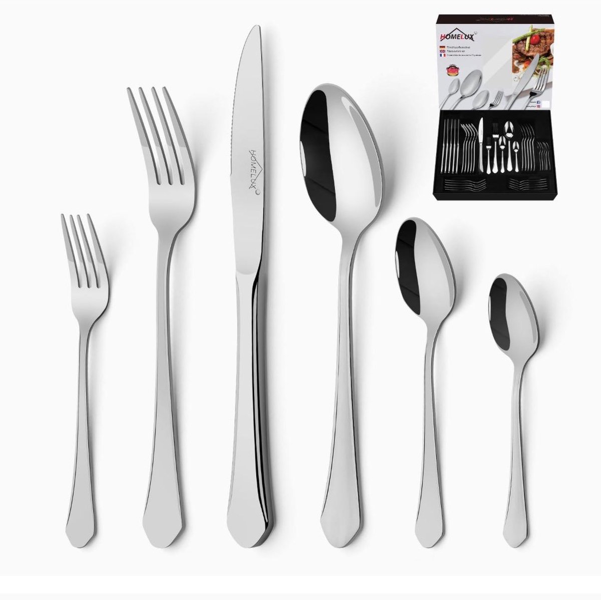 Homelux12 Persoons Bestekset Essential (72-delig) - Lepels, Messen, Vorken,Steakmessen & Gebaksvorkjes - Edelstaal Vaatwasserbestendig Bestek-Glanzend Zilver 72-delige bestekset voor 12 personen,roestvrij staal hoogglans gepolijst bestek in een doos.