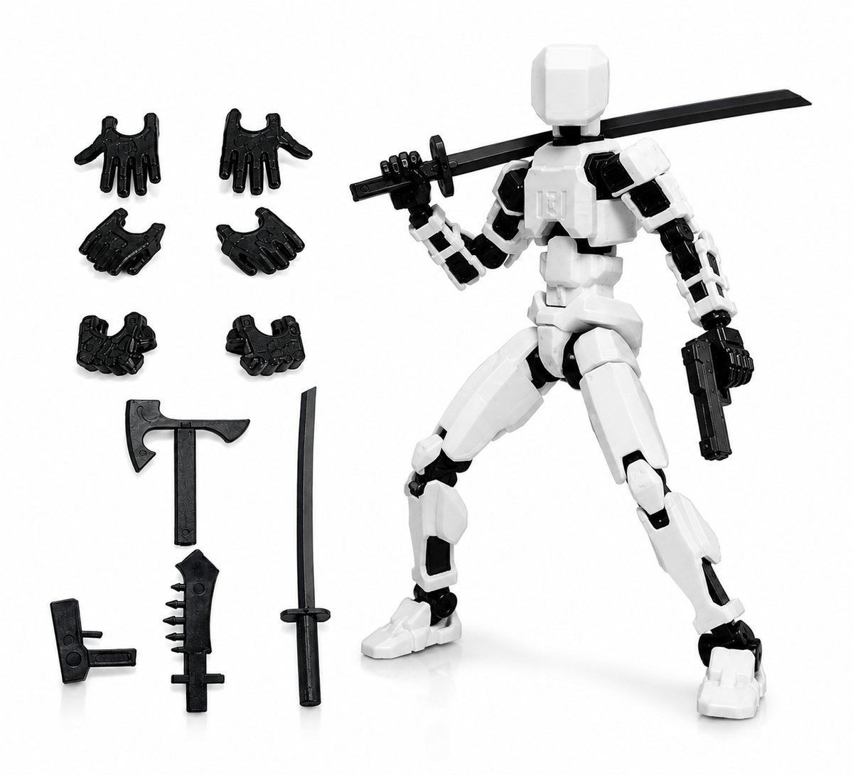 Enluxe Witte T13 Stick Action Figure – Flexibele Beweegbare Pop, Verwisselbare Handen en Speelgoedwapens, Creëer je Eigen Gevechtsscene, Perfect voor Kinderen en Verzamelaars