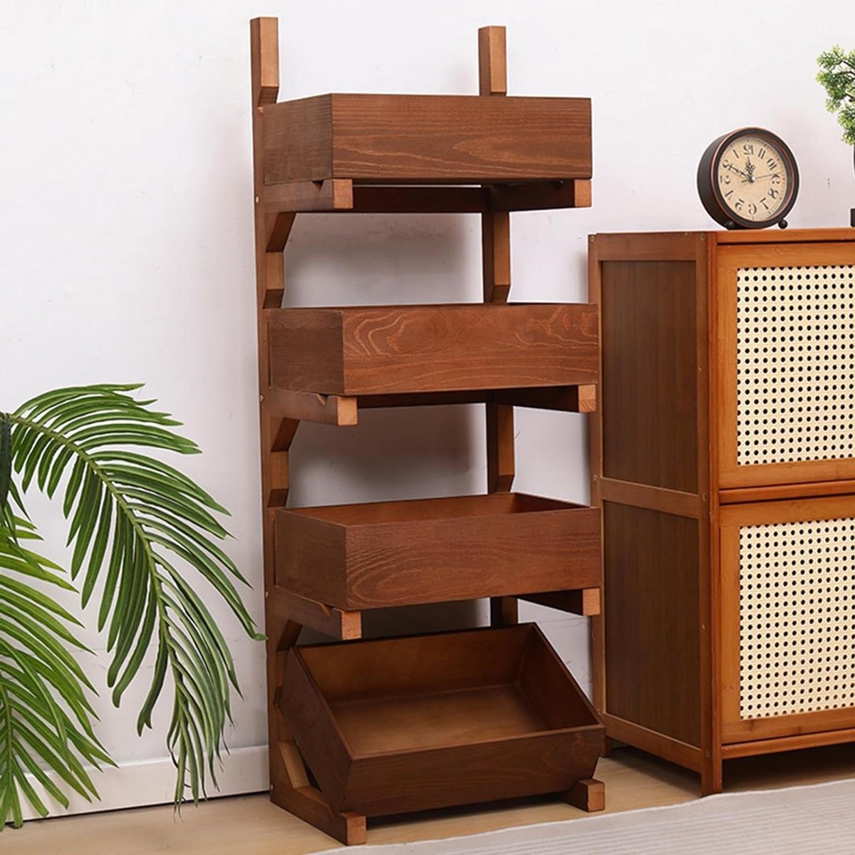 Houten Opbergmanden - Organisatie Manden - Keuken Woonkamer - Verwijderbare Standaard - 4 Lagen - Donkerbruin