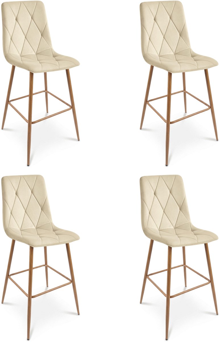 LEOBERT Set van 4 barkrukken LIBRA - Lichtbeige fluweel - Eikenlook metalen poten - Modern design
